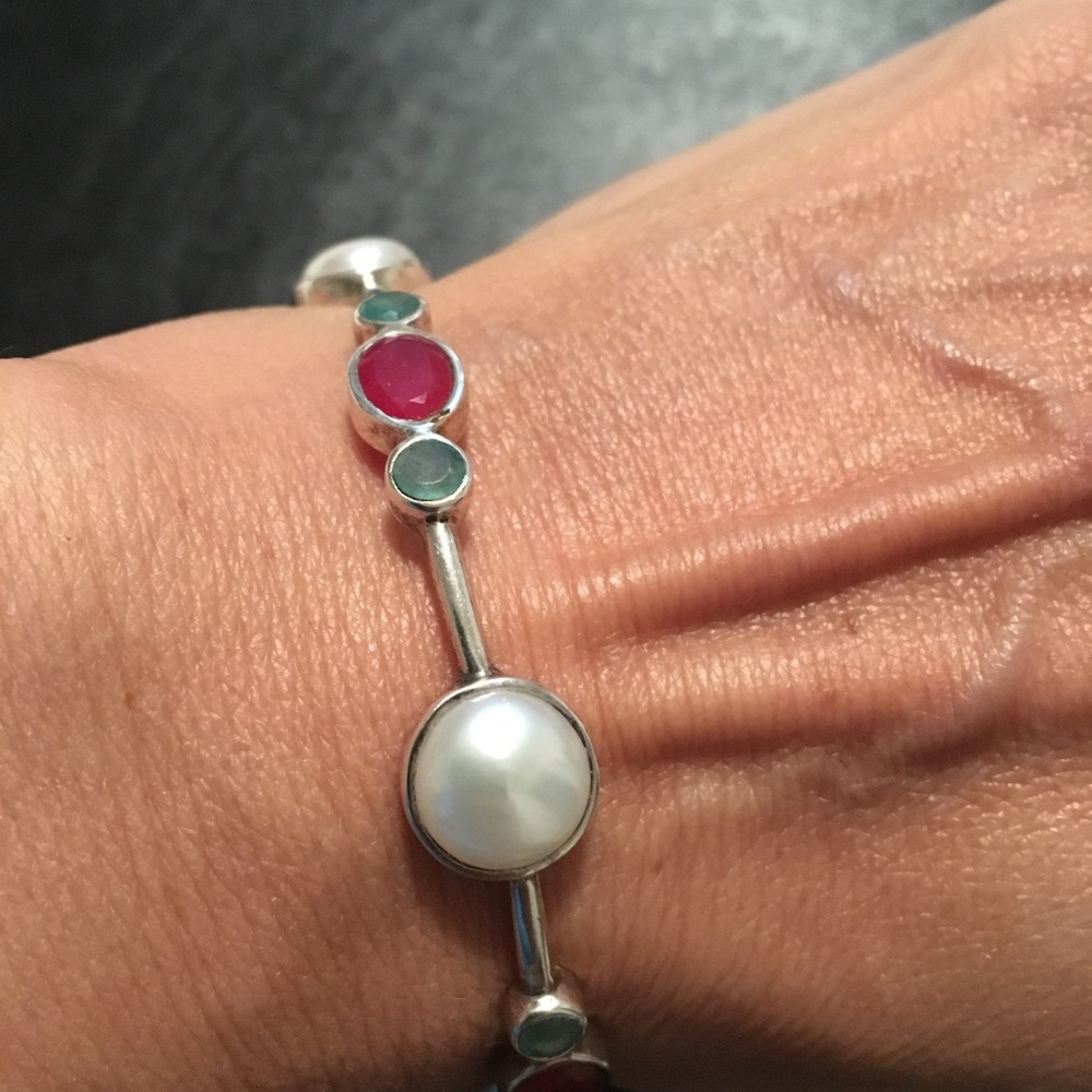 Natural Pearl & Gemstone Sterling Bangle Bracelet